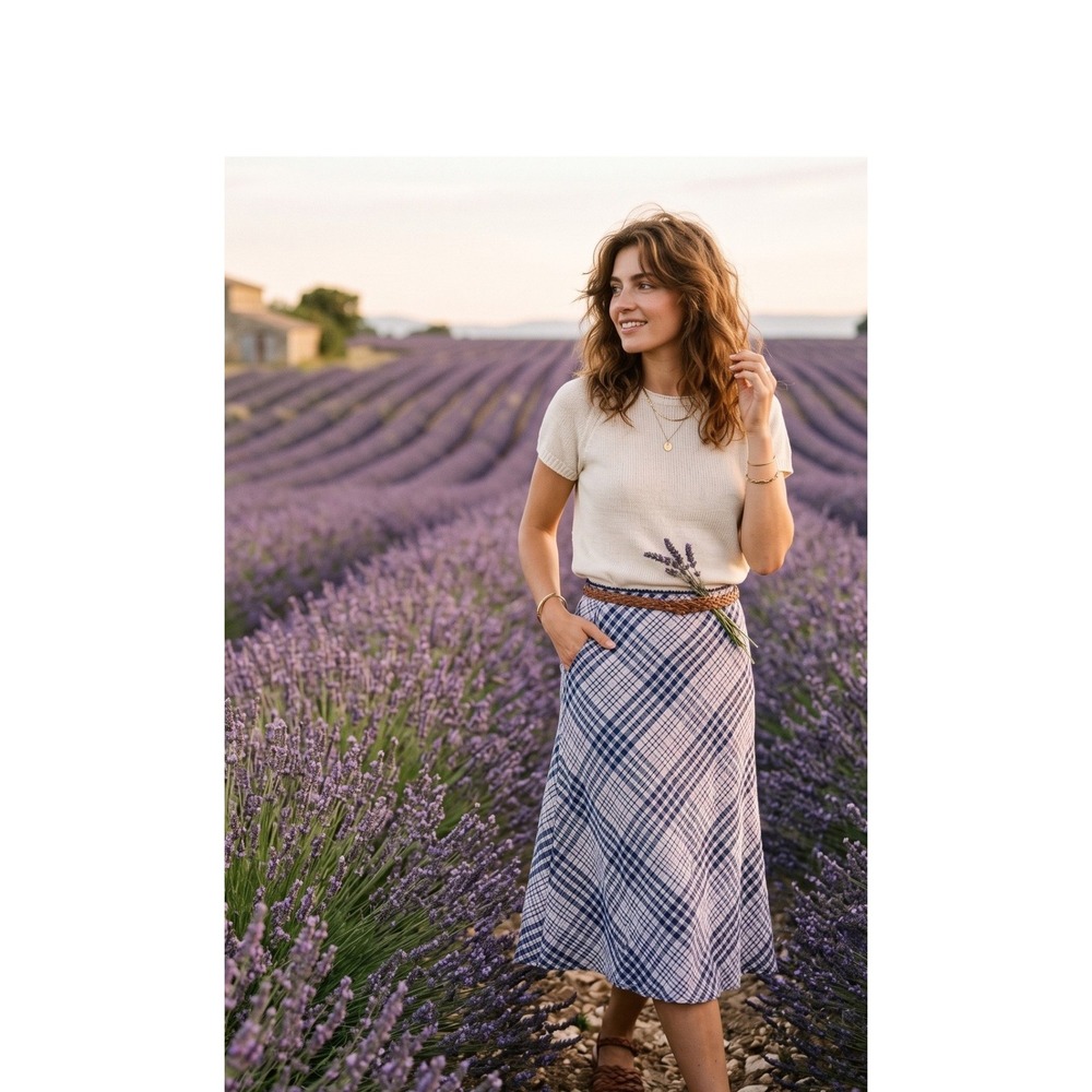Cotton On Womens XS Blue Purple Plaid Midi A-Line Skirt Lace Trim Cottagecore
